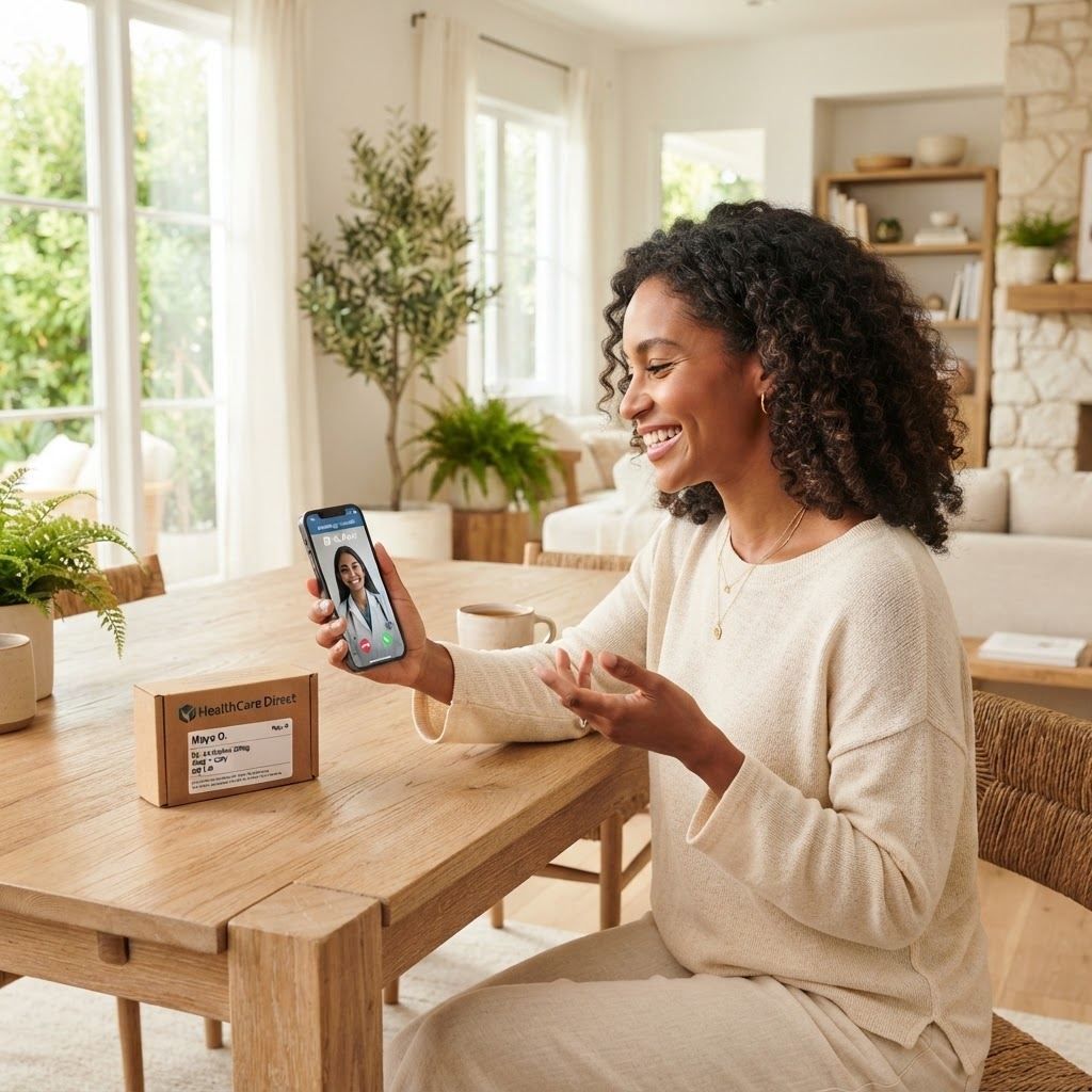 Person using the CareToday online clinic on their phone with medication delivered to their home
